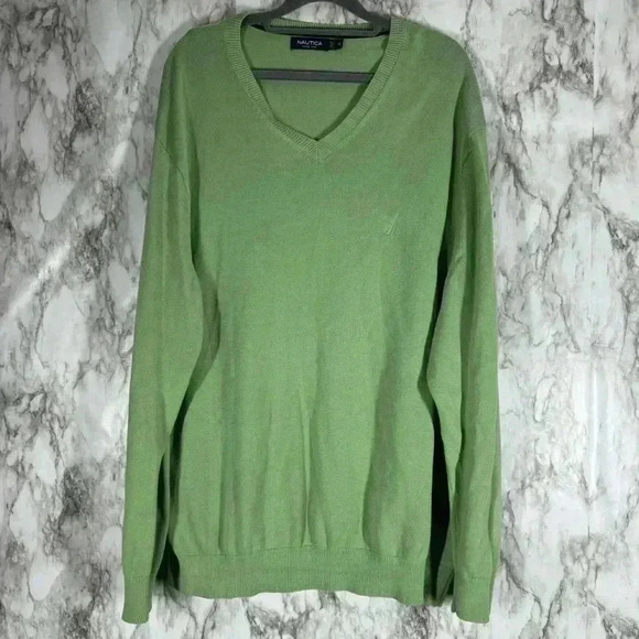 Nautica Sweater Men’s XL Green Long Sleeve V Neck 100% Cotton Lightweight - Picture 1 of 4